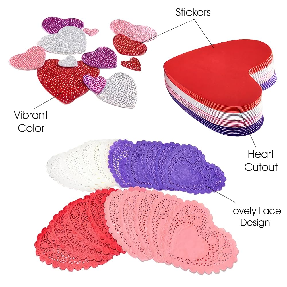 126+ Pcs Valentine's Day Heart Doilies Card Crafts for Kids - Valentine Day Crafts for Classroom Parties - Valentines Craft Supplies Kits with Heart Doilies and Glitter Foam Stickers