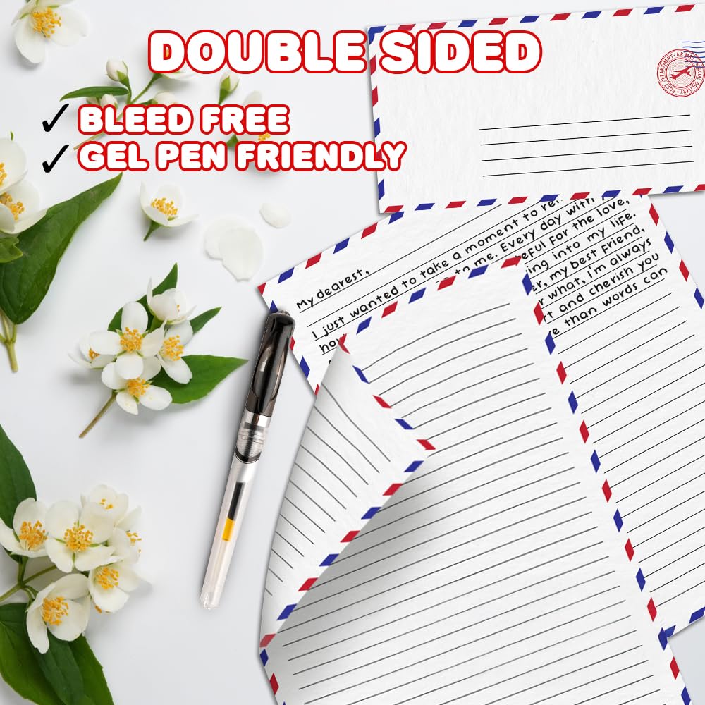 Vintage Stationery Paper and Envelopes Set - 50 Double Sided Airmail Sheets and 50 Envelopes - Pen Pal Stationery Letters and Envelopes with Air Mail Design - Vintage Letter Writing Kit