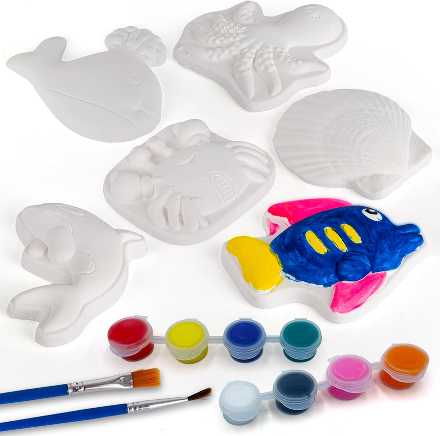 Ocean Animals Plaster Painting Kit for Kids - 6 Aquatic Plaster Figurines, 2 Paint Sets, 2 Brushes, and 6 Circle Magnets for Display - 8 Different Paint Colors - Kids Painting Set