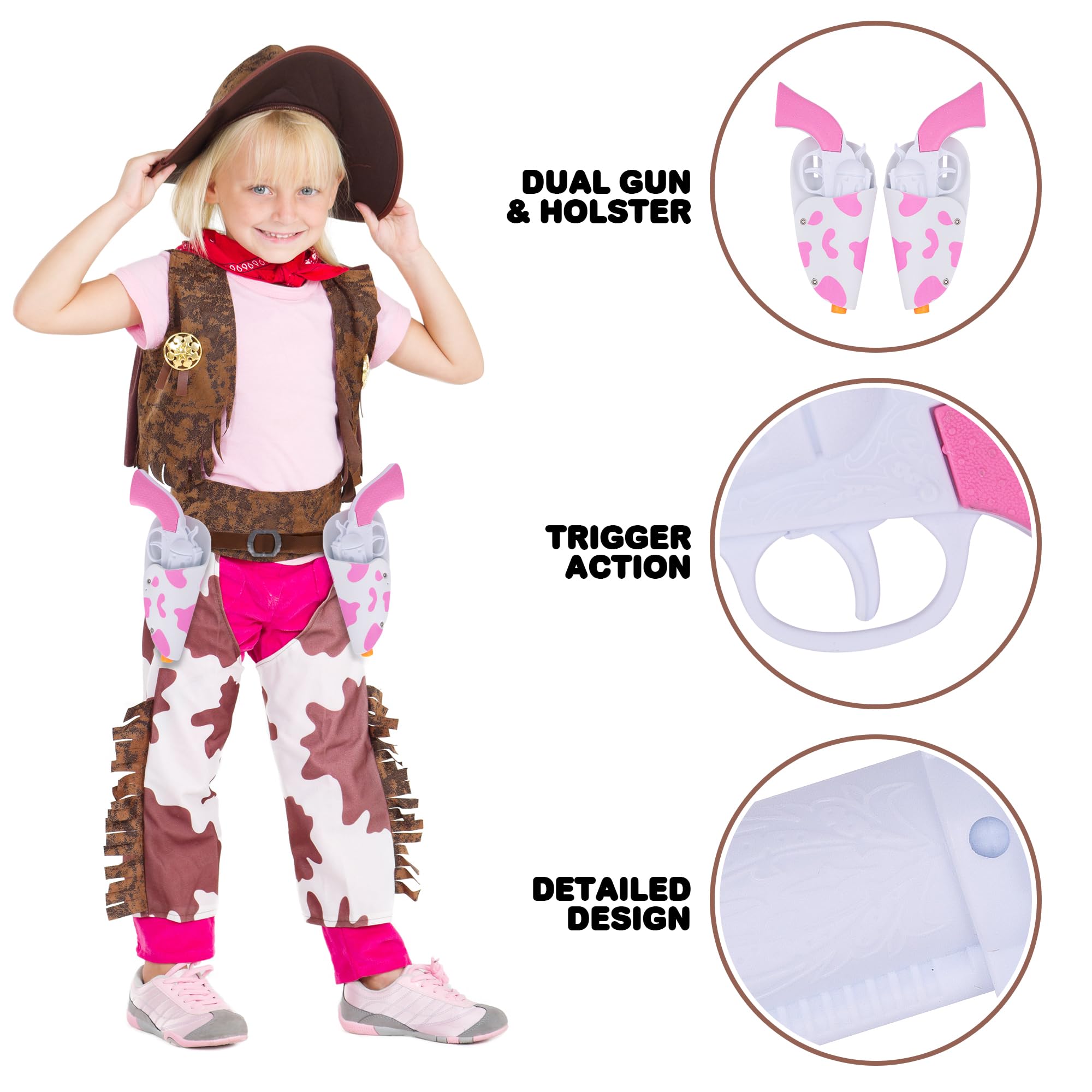 Pink Cowgirl Holster and Western Toy Gun Set - Pink Toy Gun with Holster for Girls Cowgirl Costume, 2 Gun Toys, and Brown Western Belt