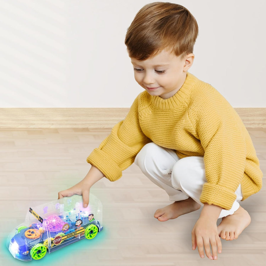 Light Up School Bus Toy for Toddlers - Bump and Go School Toy Bus with Colorful Spinning Gears, LED Lights, and Music