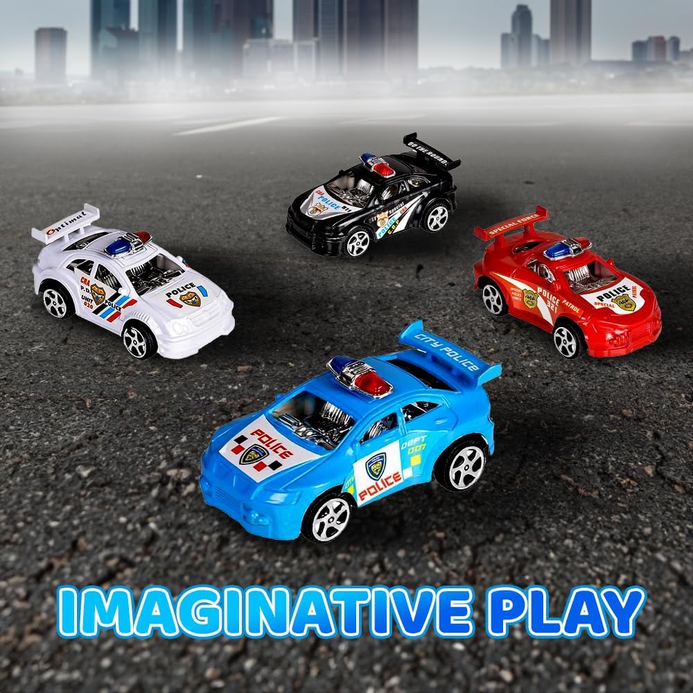 Pullback Mini Police Toy Cars for Kids, Set of 12, Pull Back Racers in Assorted Colors, Police Birthday Party Favors for Boys and Girls, Goodie Bag Fillers, Small Game Prizes