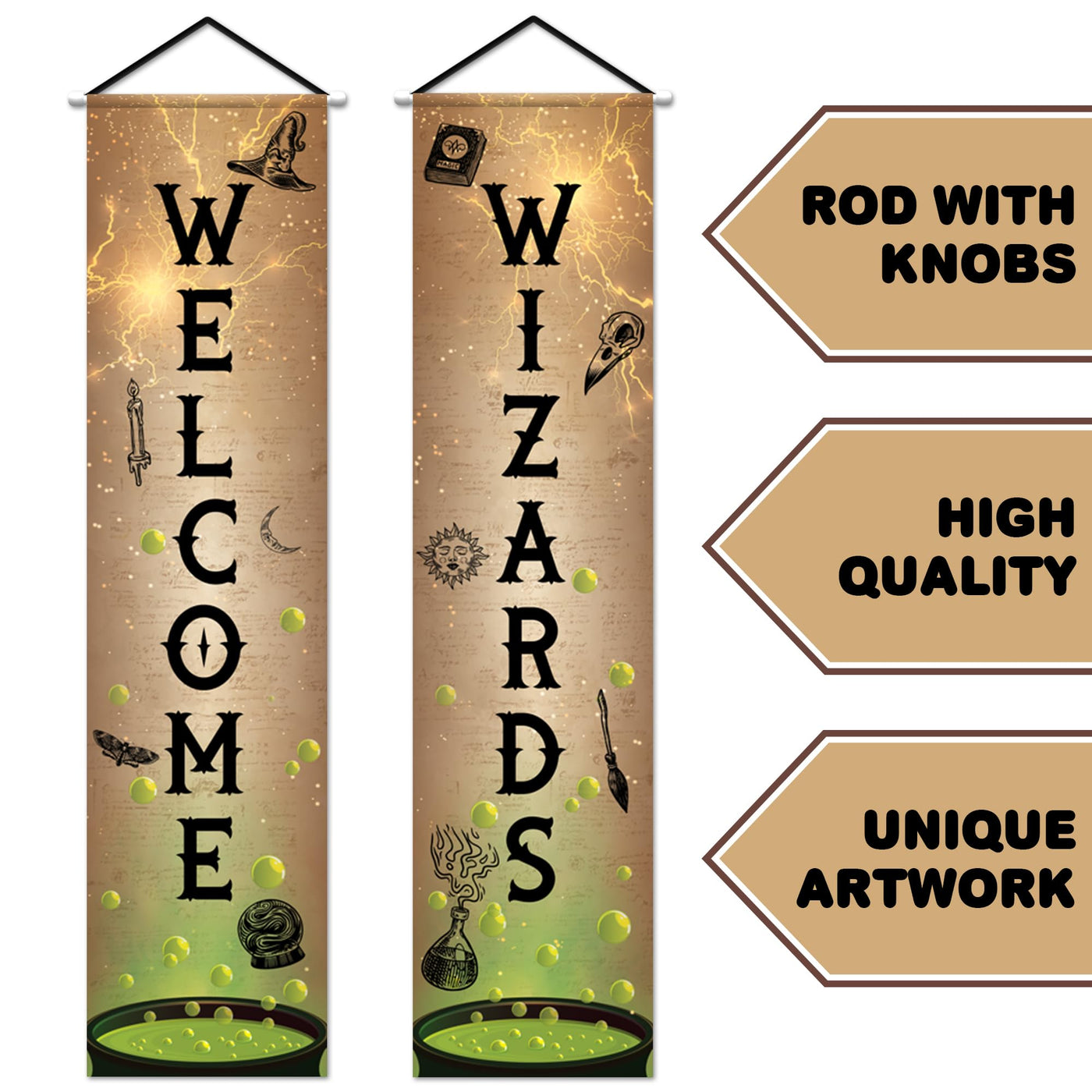 Welcome Wizards Door Banner - 2 Pieces - 4 Feet Long Wizard Banner - Polyester Magic Party Banners with Dowels and String for Easy Hanging