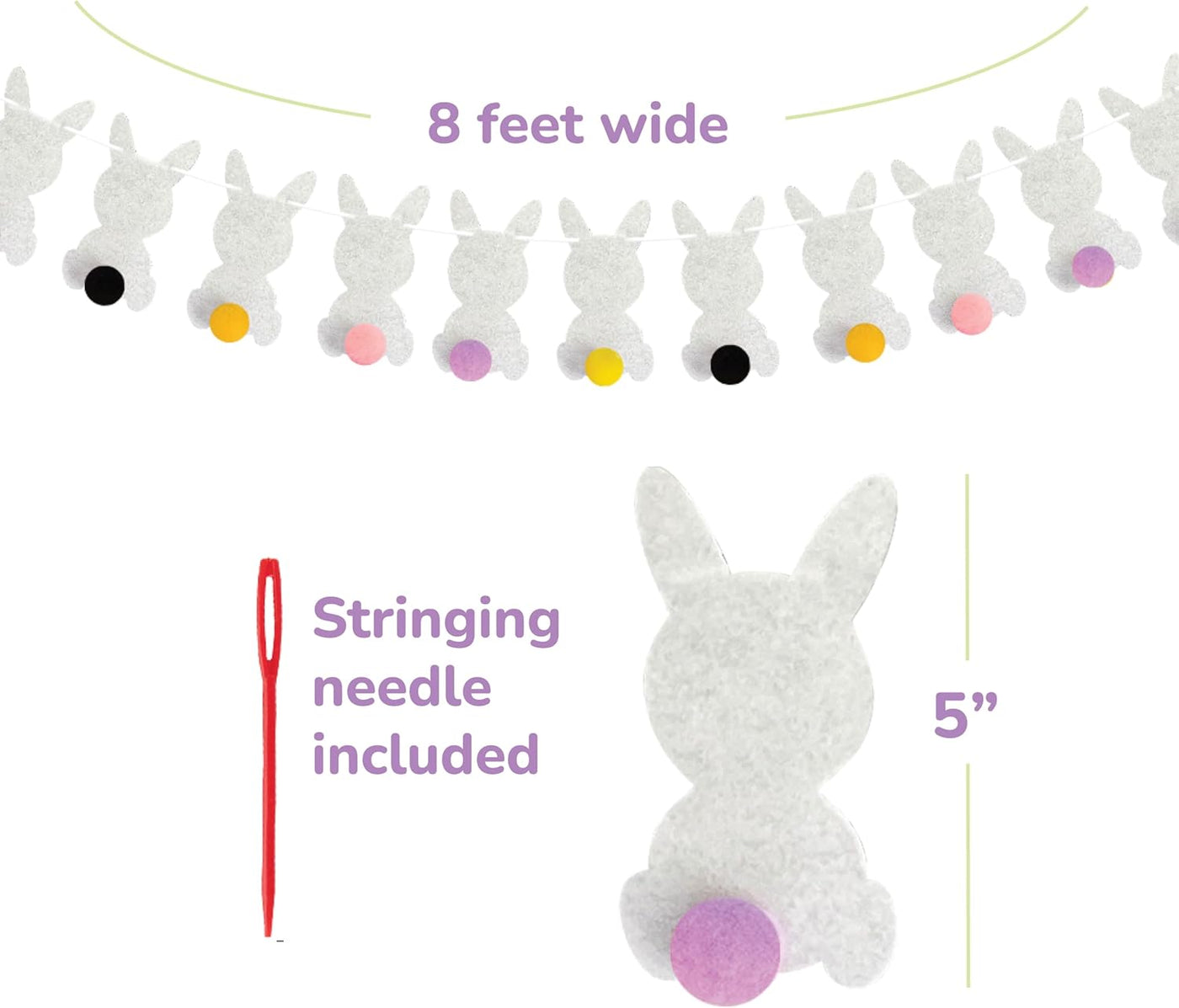 Easter Bunny Garland - Easter Decorations Set with 10 Felt Rabbits, 9 Feet of Ribbon, and Needle for Stringing - Easter Bunny Decorations for the Home