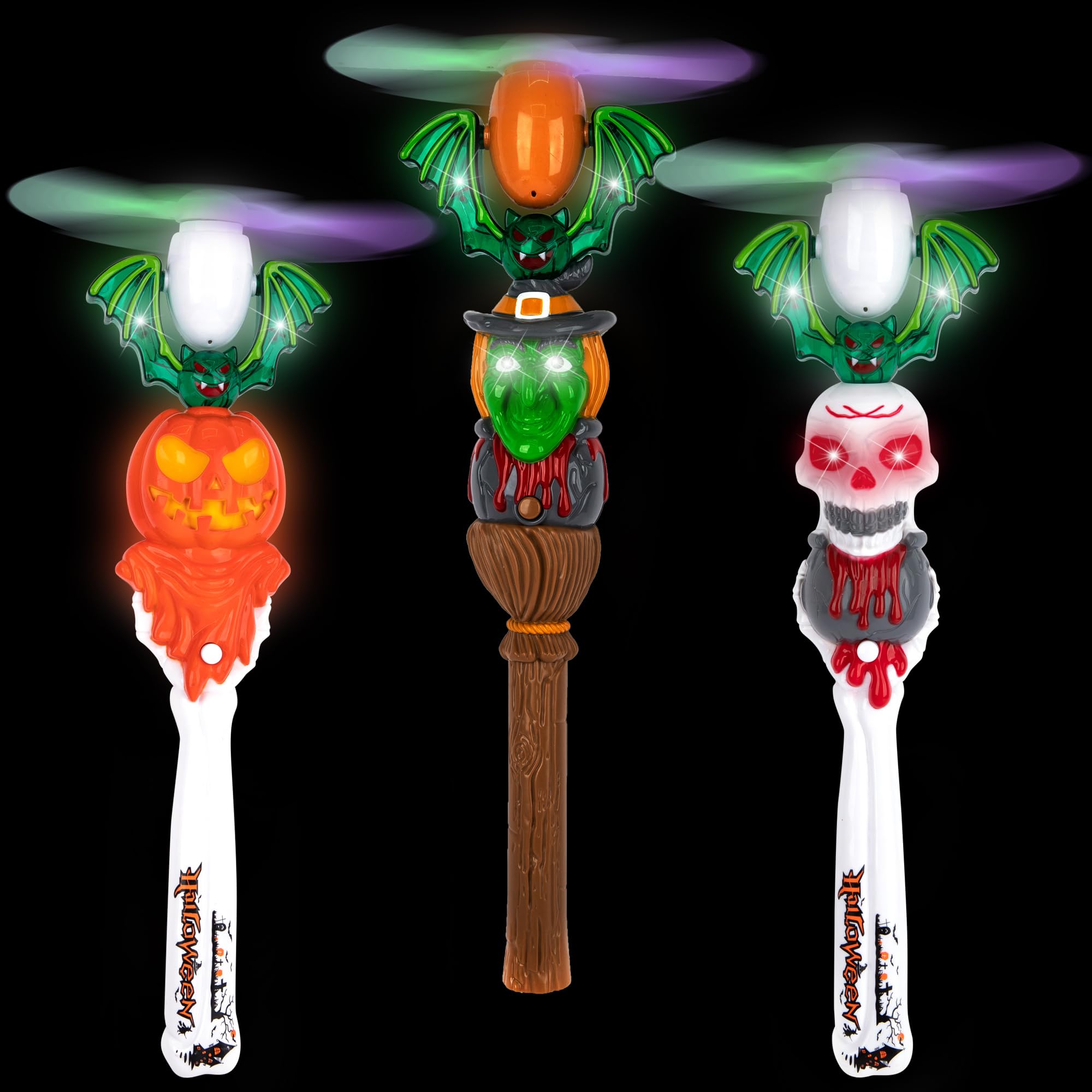 Halloween Light Up Spinner Wands with Sounds, Set of 3 LED Halloween Wands, Witch, Pumpkin, and Skull Wands for Kids