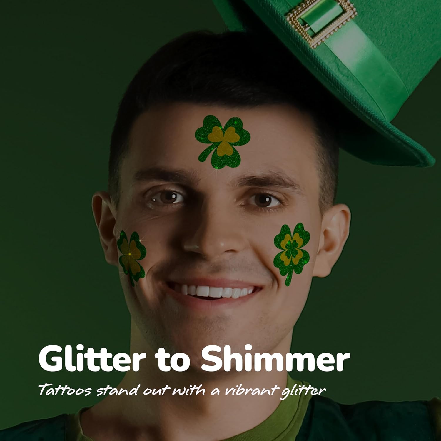 St Patrick’s Day Tattoos with Glitter - Set of 50 - Individual Temporary Shamrock Tattoos in 5 Designs - St. Patrick’s Day Party Favors - St Patty’s Accessories