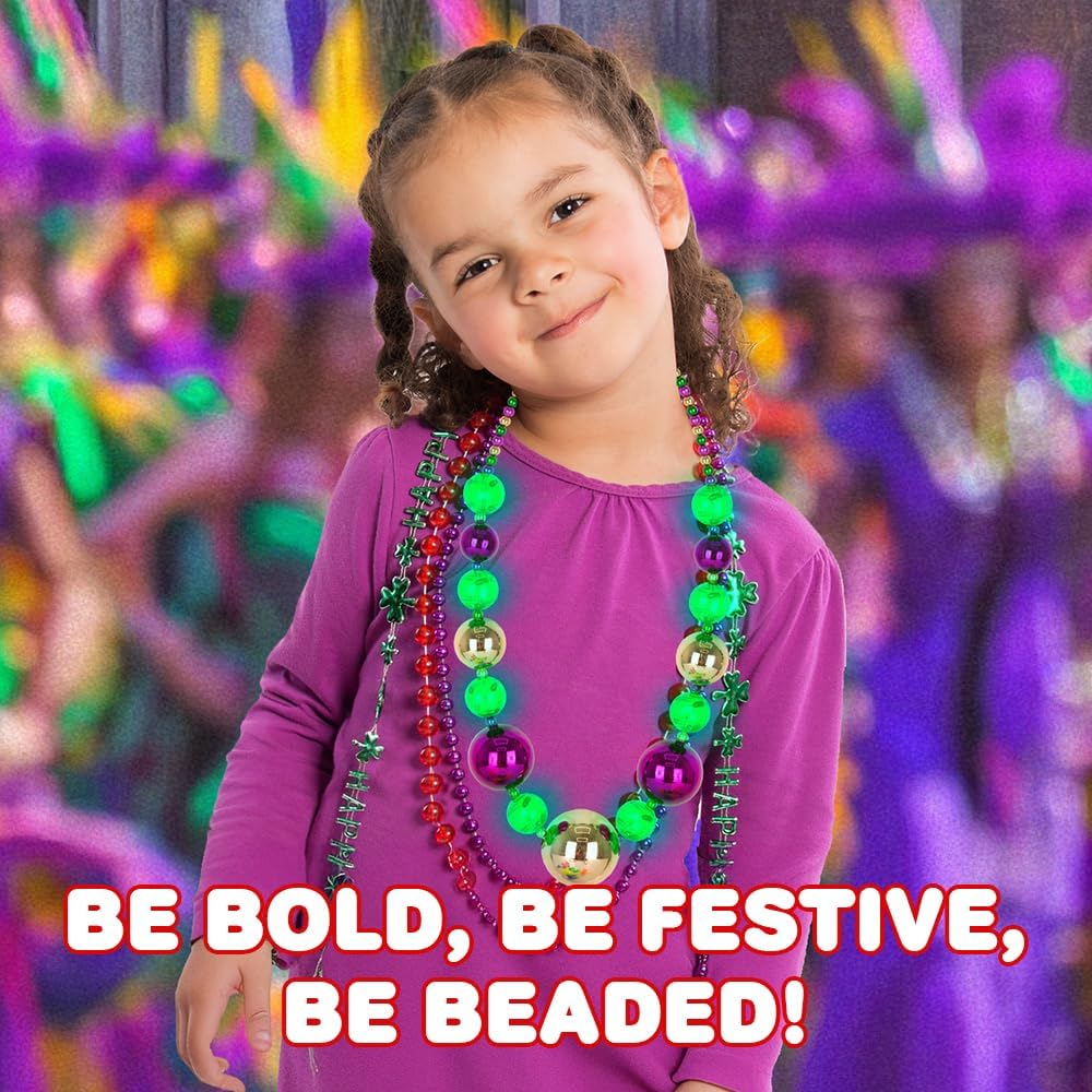 Large Light Up Mardi Gras Necklace - Mardi Gras Beads in Purple, Green, and Gold - 3 Flashing Modes with Batteries Included