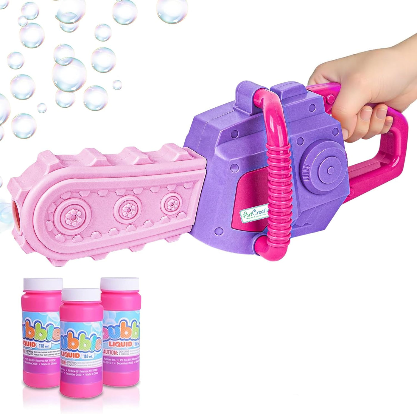 Bubble Chainsaw for Kids, Electronic Bubble Blower Machine with Bubble Solution Included, Bubble Machine with Realistic Sound, Outdoor Pretend Play Landscaping Toy for Kids Pink & Purple