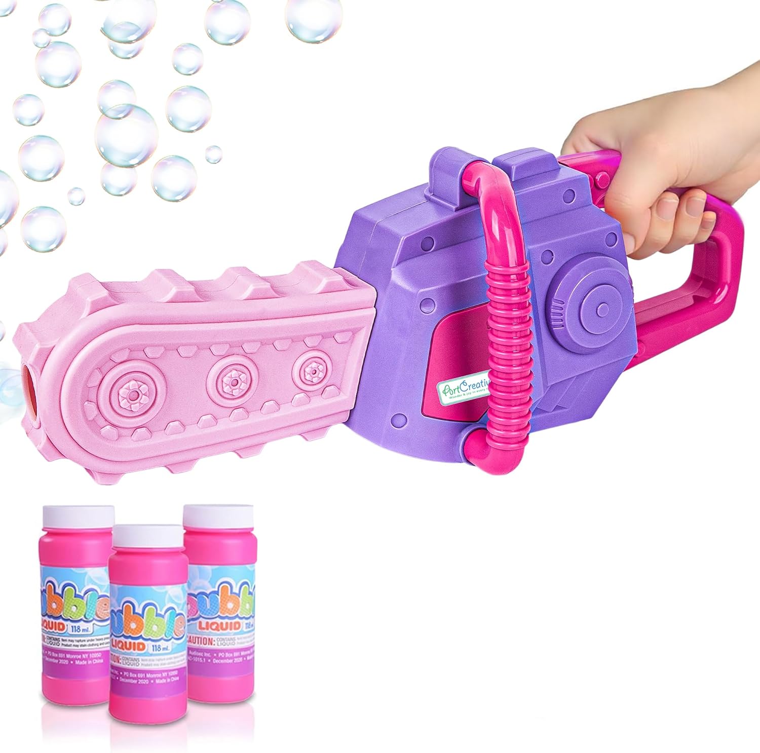 Bubble Chainsaw for Kids, Electronic Bubble Blower Machine with Bubble Solution Included, Bubble Machine with Realistic Sound, Outdoor Pretend Play Landscaping Toy for Kids Pink & Purple