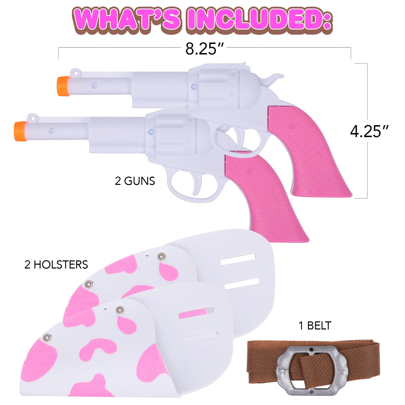 Pink Cowgirl Holster and Western Toy Gun Set - Pink Toy Gun with Holster for Girls Cowgirl Costume, 2 Gun Toys, and Brown Western Belt