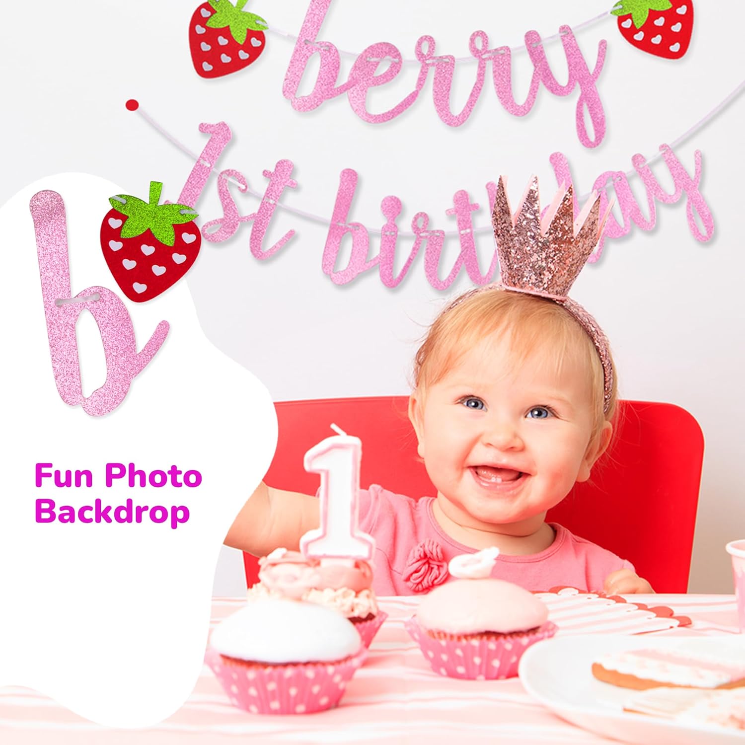 Berry First Birthday Banner - 1st Happy Birthday Banner with 3 Strawberry Cutouts and Letters in Pink Glitter - Cute Photo Backdrop for Boys and Girls - Strawberry Party Decorations