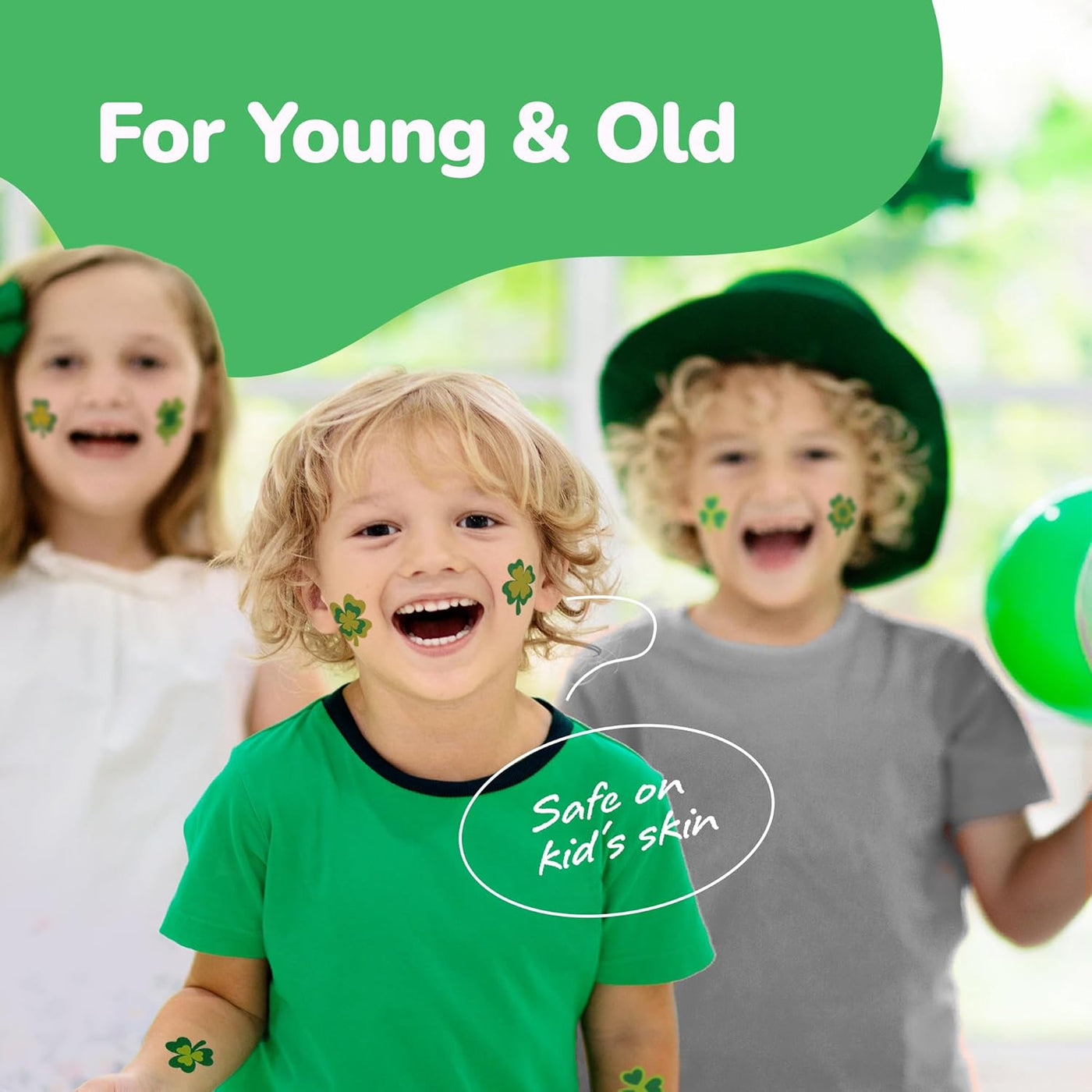 St Patrick’s Day Tattoos with Glitter - Set of 50 - Individual Temporary Shamrock Tattoos in 5 Designs - St. Patrick’s Day Party Favors - St Patty’s Accessories