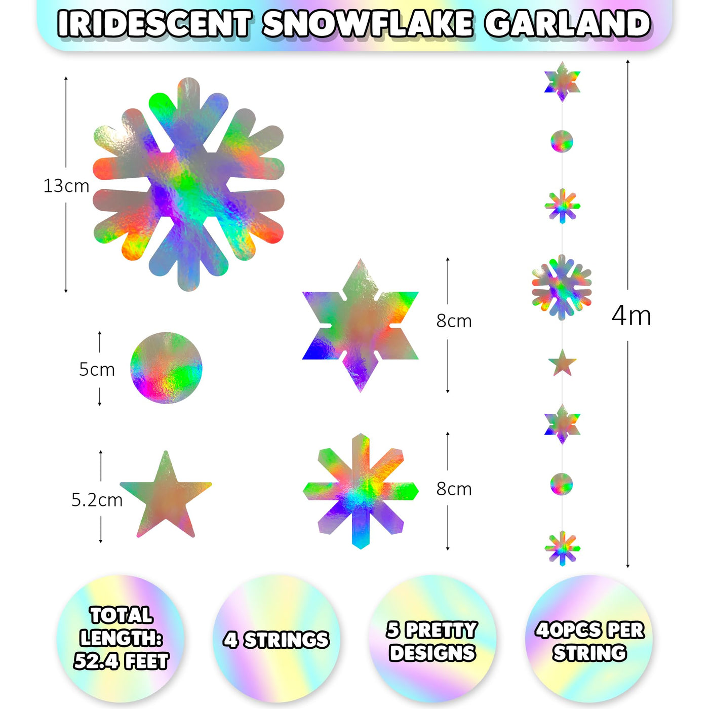 Winter Wonderland Garland - 52 Feet Snow Garland - Hanging Snowflake Winter Decorations with 4 Strings Measuring 13 Feet Each - 5 Unique Snowflake Designs - Winter Onederland Party Decor