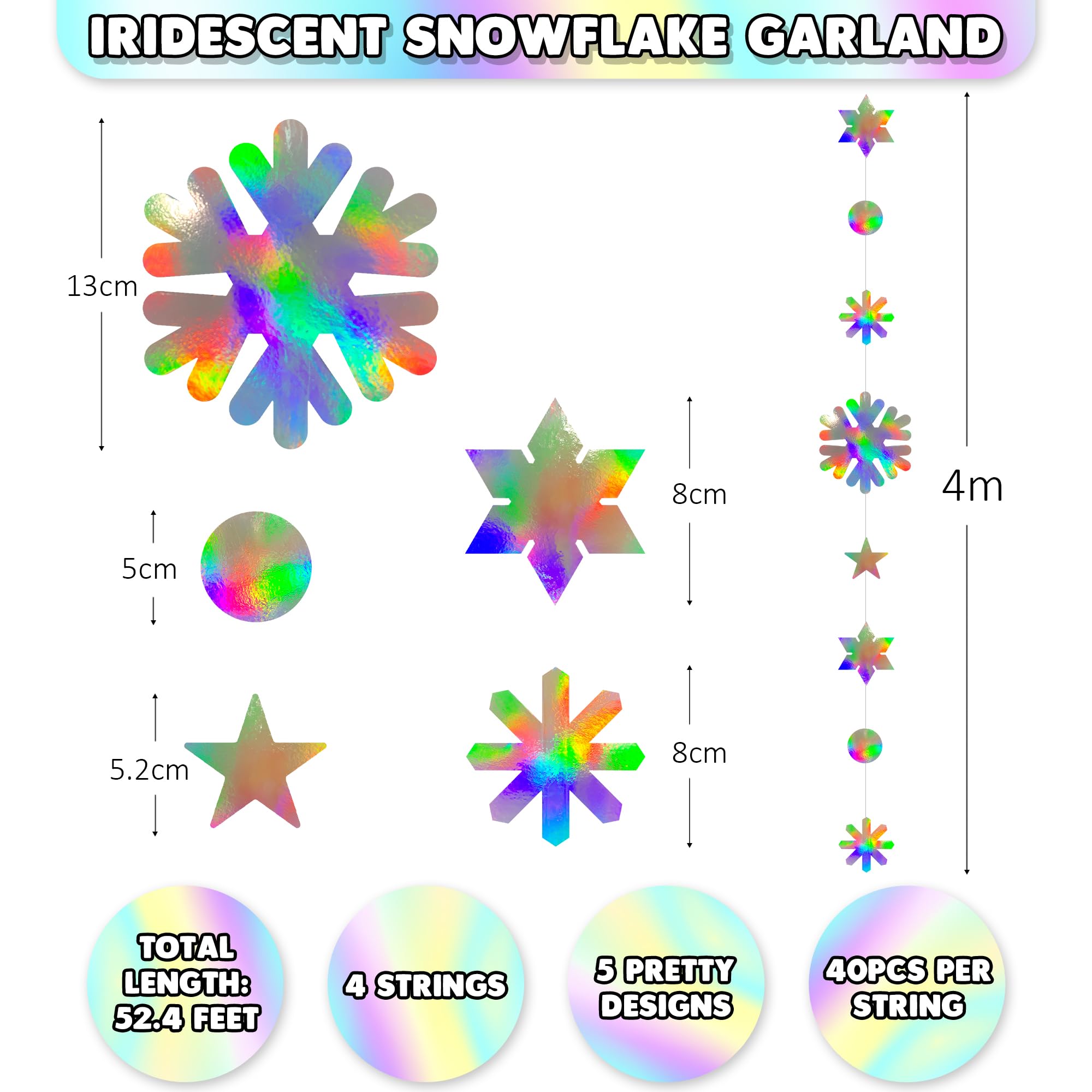 Winter Wonderland Garland - 52 Feet Snow Garland - Hanging Snowflake Winter Decorations with 4 Strings Measuring 13 Feet Each - 5 Unique Snowflake Designs - Winter Onederland Party Decor