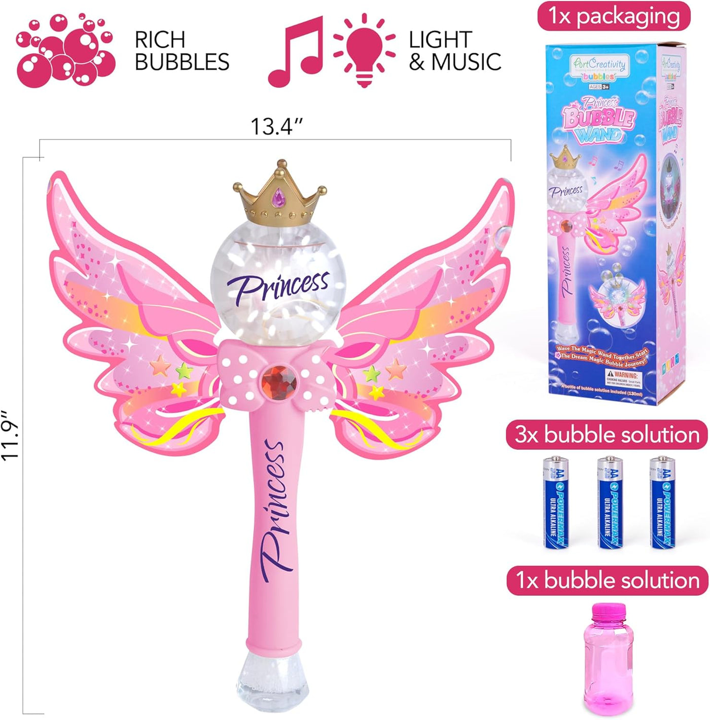Light Up Magic Princess Bubble Blower Wand, 14" Illuminating Bubble Blower Wand with Thrilling LED & Sound Effect, Bubble Fluid Included, Great Gift Idea, Party Favor for Kids