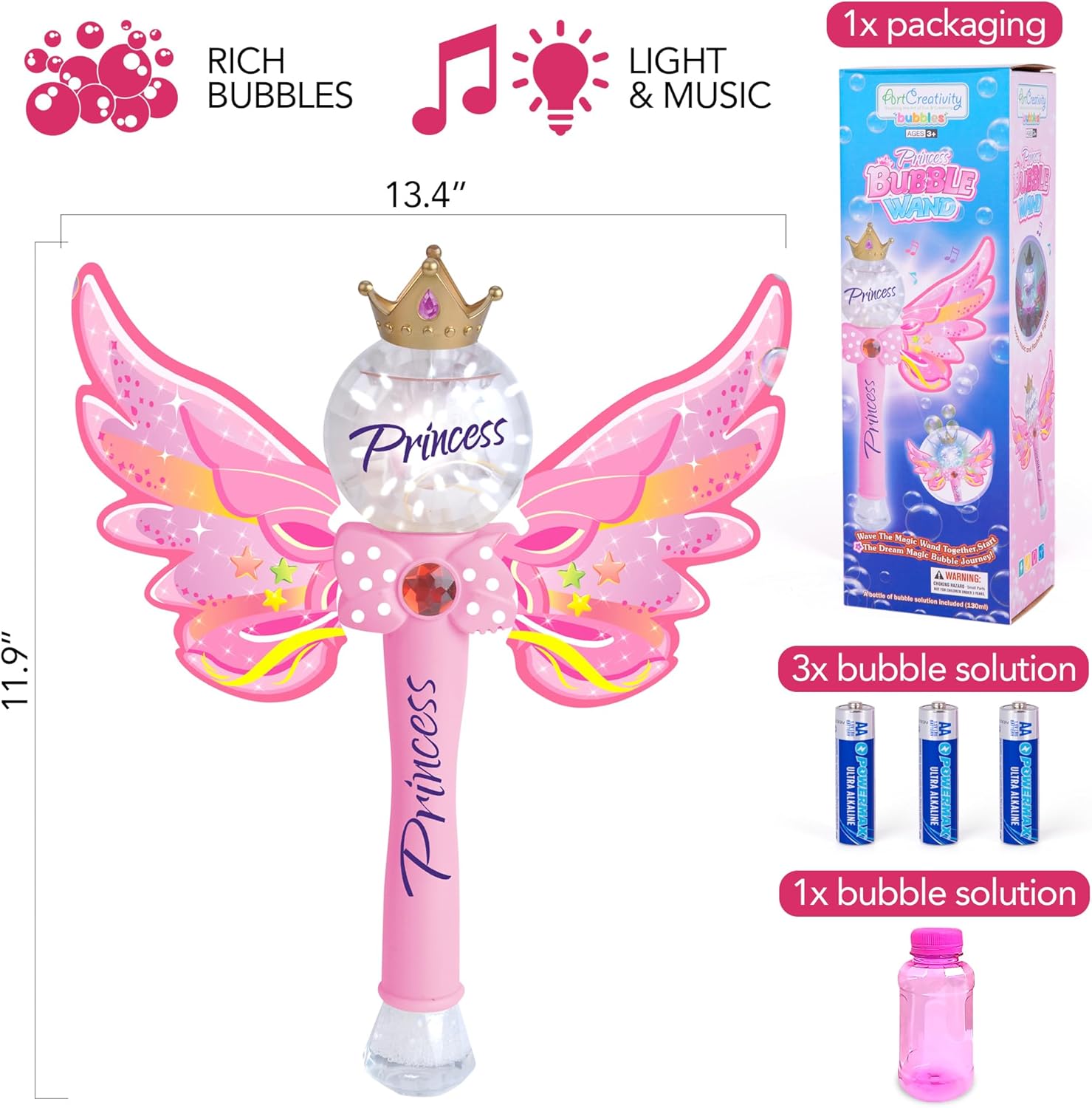 Light Up Magic Princess Bubble Blower Wand, 14" Illuminating Bubble Blower Wand with Thrilling LED & Sound Effect, Bubble Fluid Included, Great Gift Idea, Party Favor for Kids