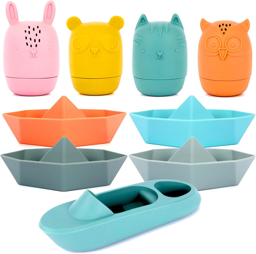 Silicone Bath Toys for Babies - Set of 9 Mold Free Bath Toys - Bathtub Toys with 4 Animal, 4 Boat, and 1 Speedboat Design