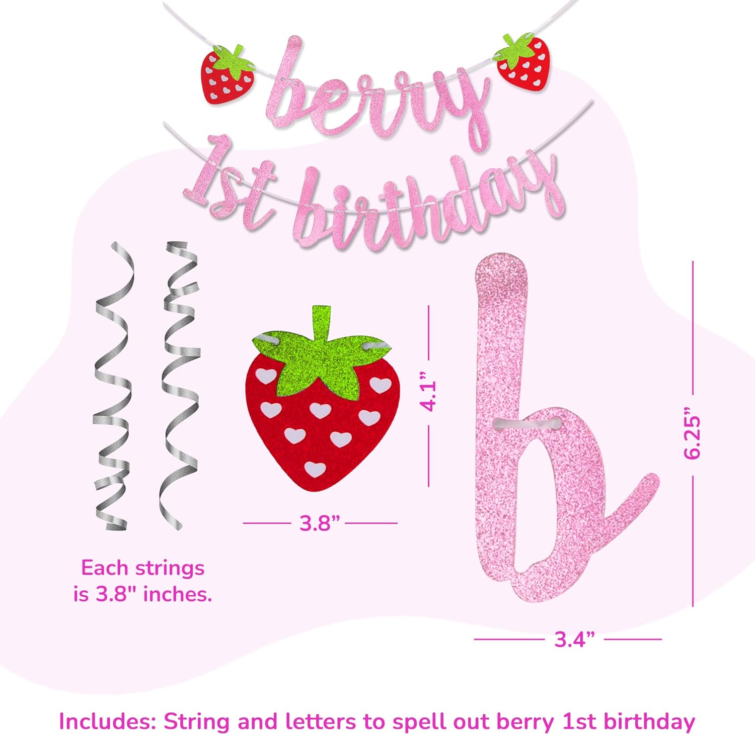 Berry First Birthday Banner - 1st Happy Birthday Banner with 3 Strawberry Cutouts and Letters in Pink Glitter - Cute Photo Backdrop for Boys and Girls - Strawberry Party Decorations