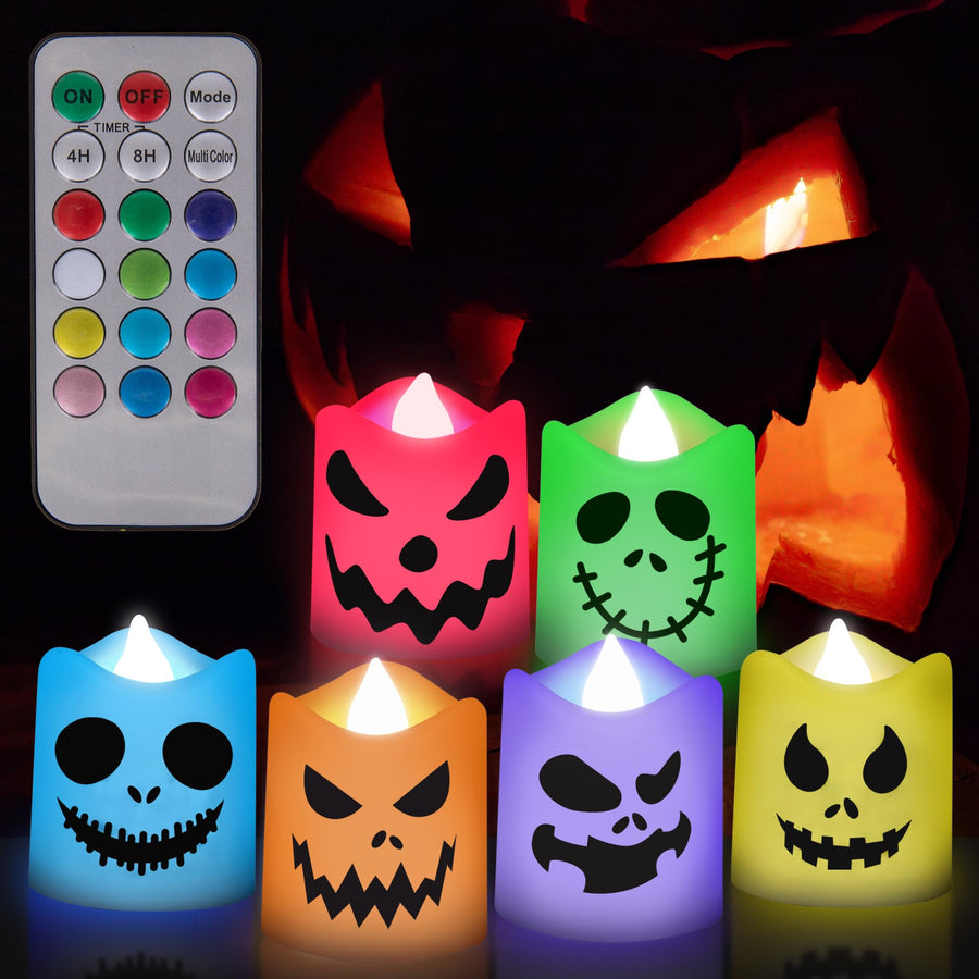 Flameless Halloween LED Candles - Set of 6 Halloween Flameless Candles - Battery Operated Halloween LED Votive Candles with Remote, Timer, and 12 Colors