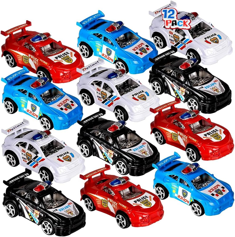 Pullback Mini Police Toy Cars for Kids, Set of 12, Pull Back Racers in Assorted Colors, Police Birthday Party Favors for Boys and Girls, Goodie Bag Fillers, Small Game Prizes