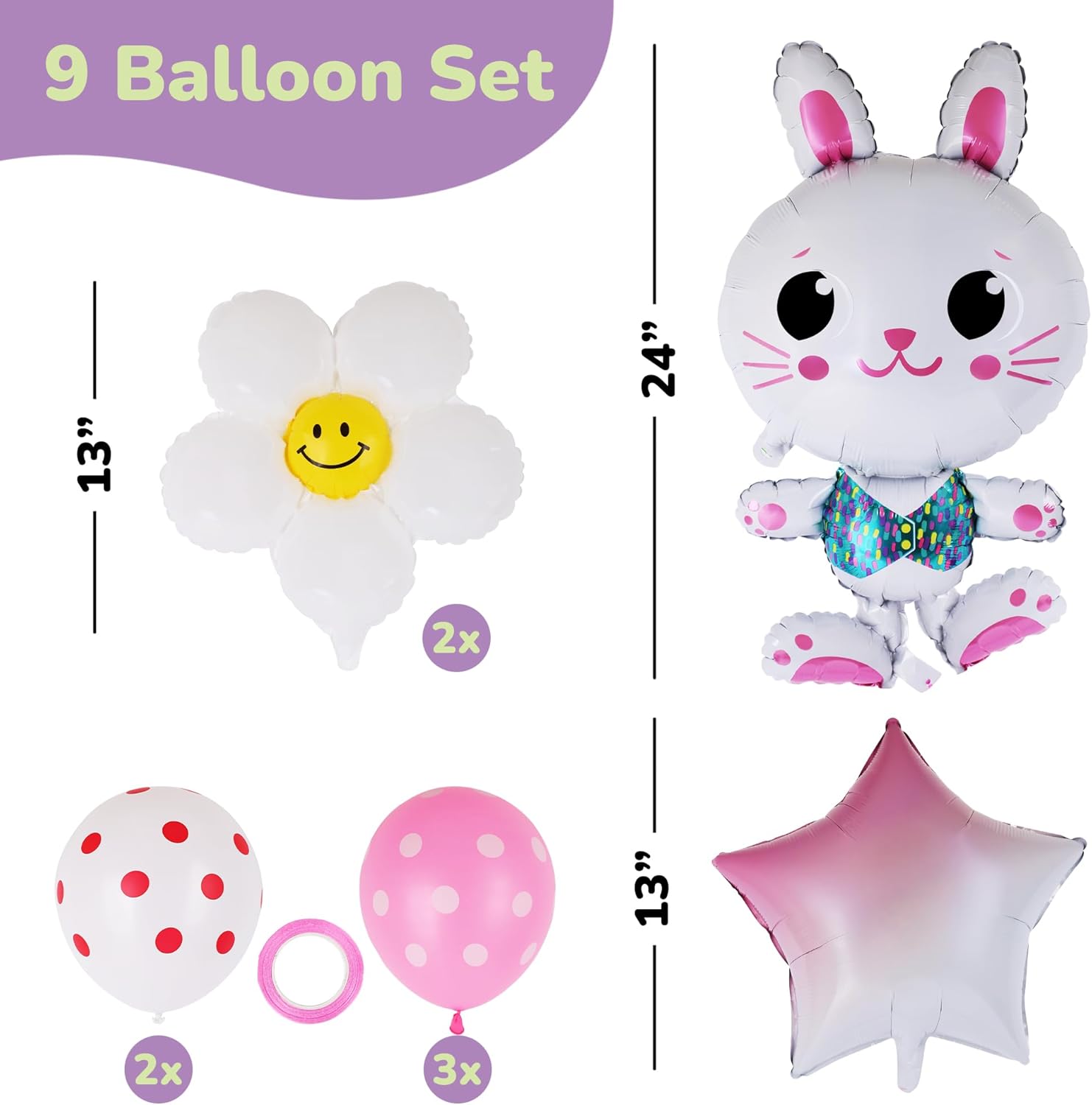 Easter Balloon Set - 8 Pieces - Easter Decorations with Bunny, Daisy, Star, and Polka Dot Designs - Cute Party Supplies - Easy to Inflate Bunny Balloon Kit