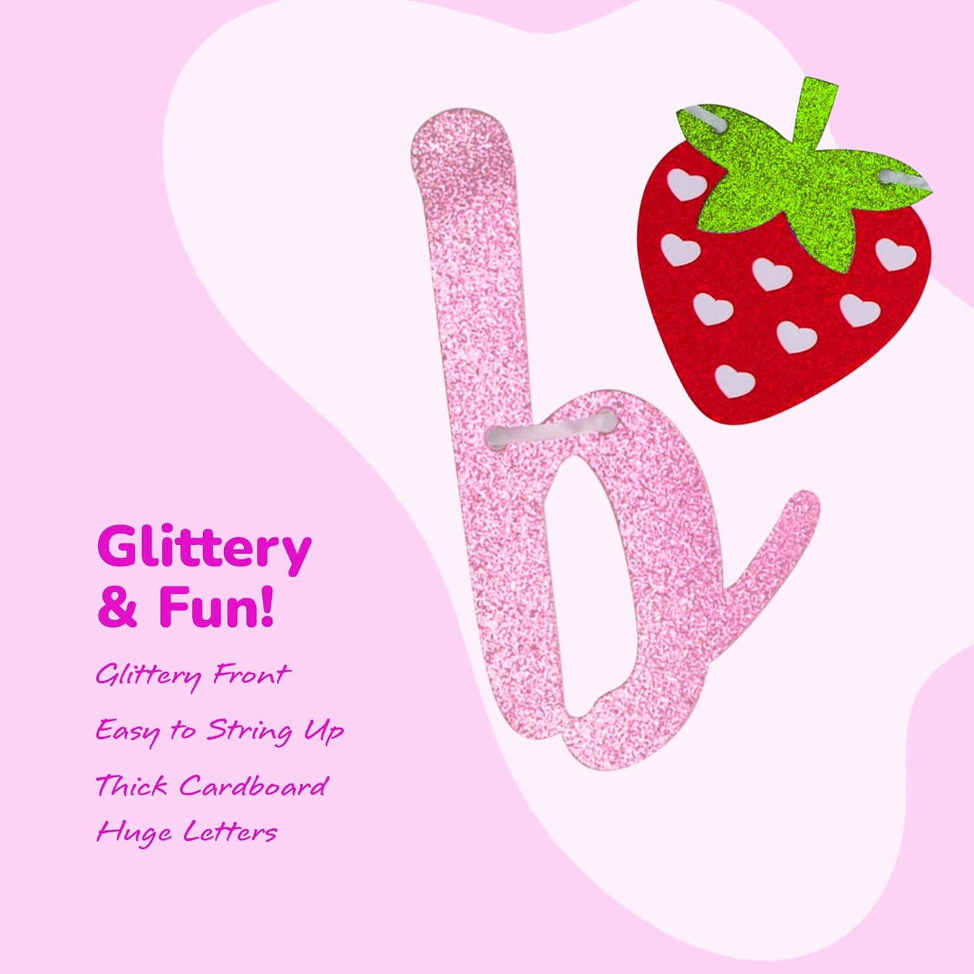 Berry First Birthday Banner - 1st Happy Birthday Banner with 3 Strawberry Cutouts and Letters in Pink Glitter - Cute Photo Backdrop for Boys and Girls - Strawberry Party Decorations