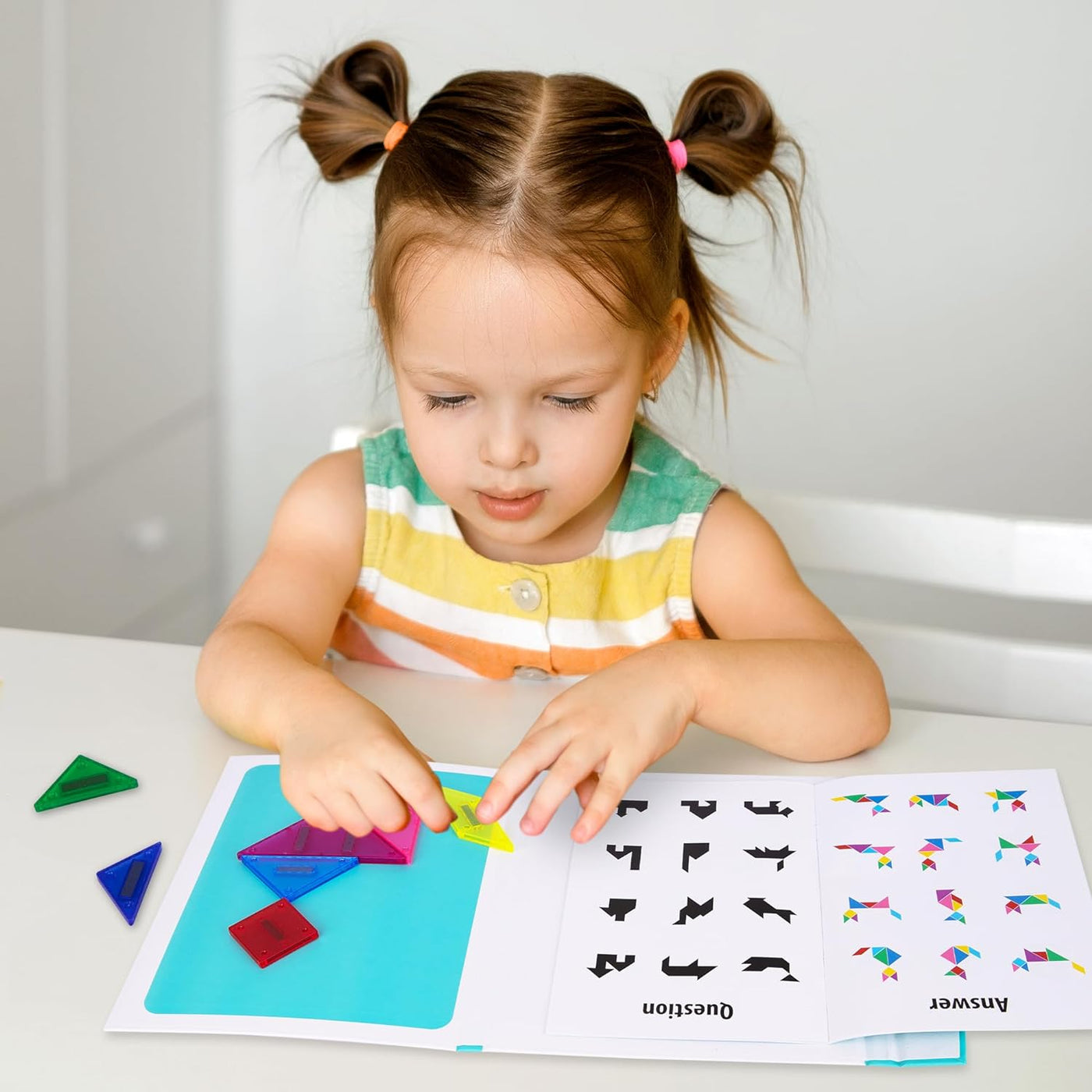 Travel Tangram for Kids - Magnetic Tangram Puzzle Set with 7 Magnetic Tiles, Booklet with 96 Challenges, and Portable Book Cover