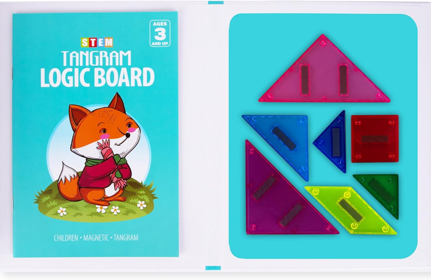 Travel Tangram for Kids - Magnetic Tangram Puzzle Set with 7 Magnetic Tiles, Booklet with 96 Challenges, and Portable Book Cover