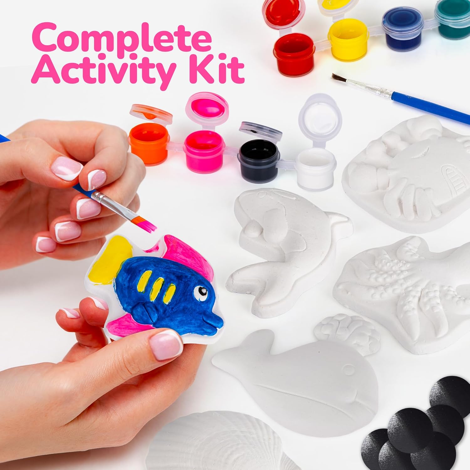 Ocean Animals Plaster Painting Kit for Kids - 6 Aquatic Plaster Figurines, 2 Paint Sets, 2 Brushes, and 6 Circle Magnets for Display - 8 Different Paint Colors - Kids Painting Set