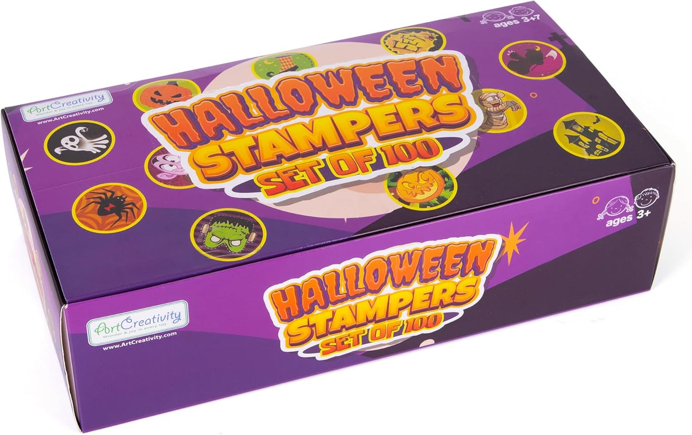 Bulk Halloween Stampers for Kids - Set of 100 Halloween Stamps - Assorted Trick or Treat Stamper Designs for Halloween