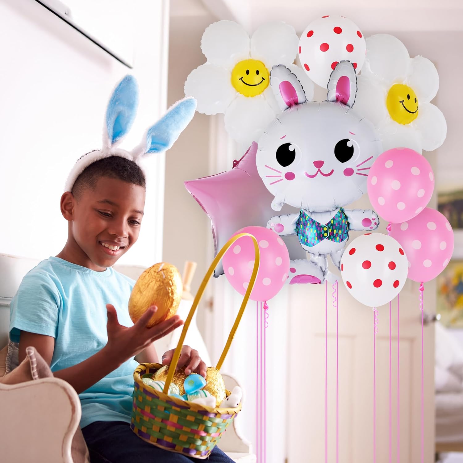 Easter Balloon Set - 8 Pieces - Easter Decorations with Bunny, Daisy, Star, and Polka Dot Designs - Cute Party Supplies - Easy to Inflate Bunny Balloon Kit