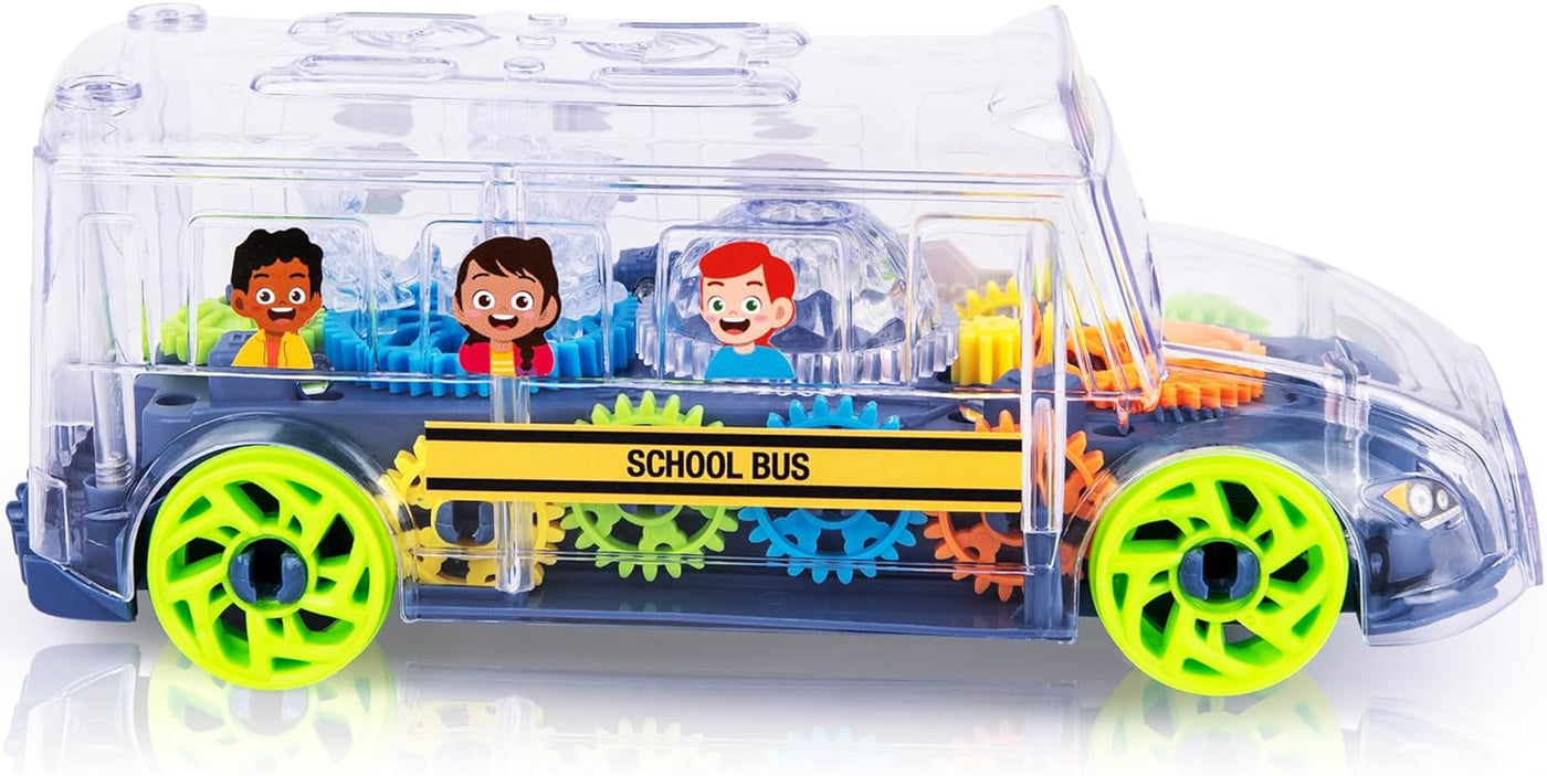 Light Up School Bus Toy for Toddlers - Bump and Go School Toy Bus with Colorful Spinning Gears, LED Lights, and Music