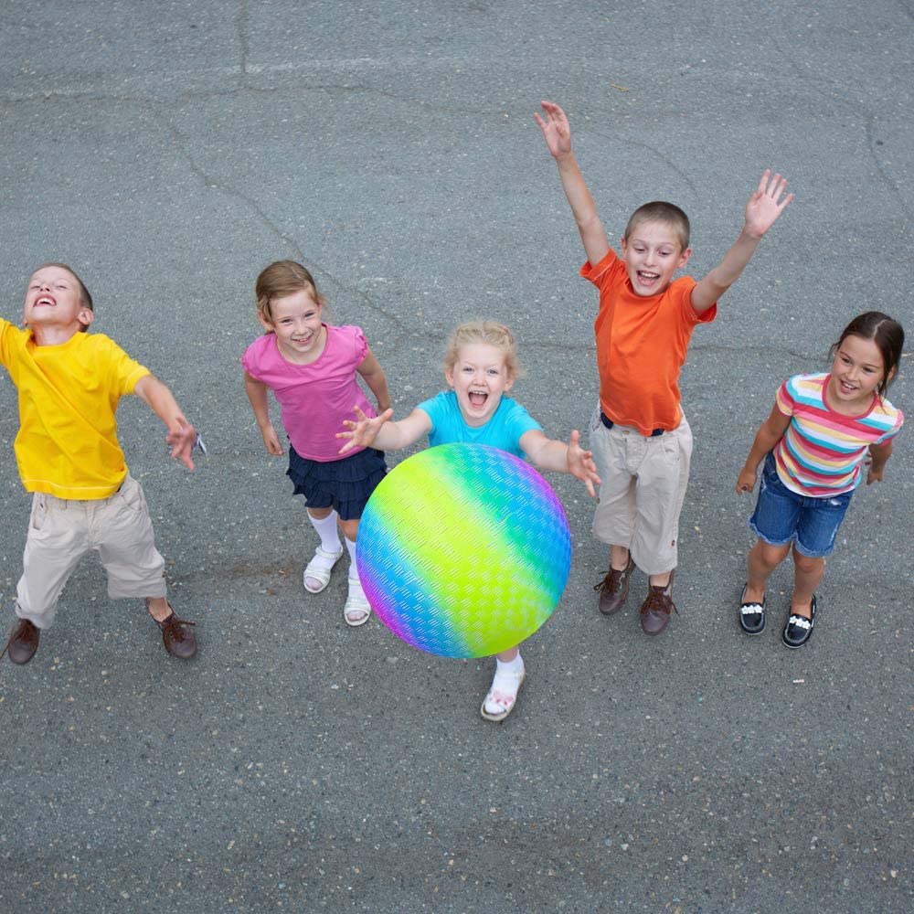 Rainbow Playground Ball for Kids with Hand Pump, Bouncy 9 Inch Kick Ball for Backyard, Park, and Beach Outdoor Fun