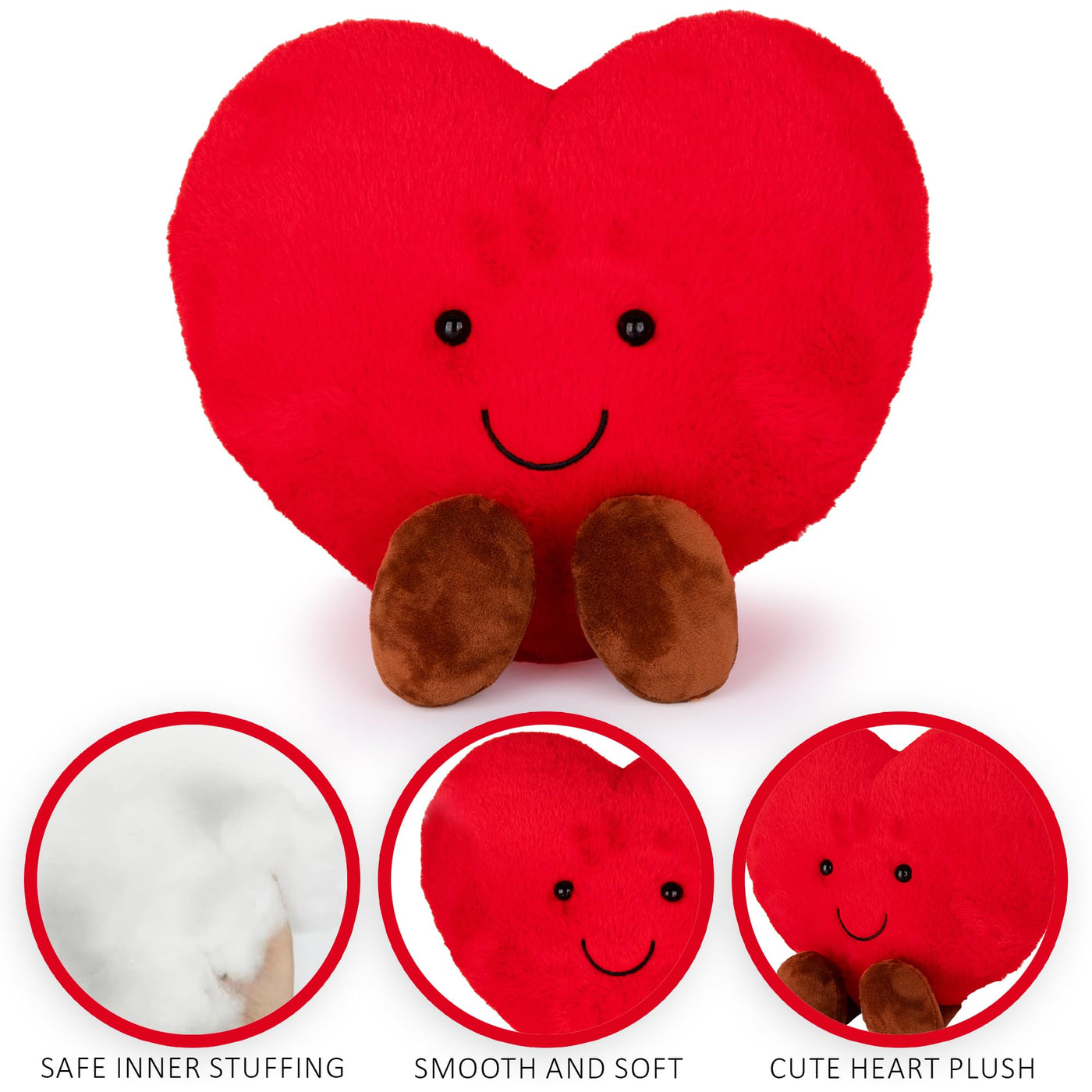 Large Valentines Plush Heart - Cute Love Heart Plush Toy with Smile and Little Brown Feet - Stuffed Love Heart Toy - Decorations and Valentines Gifts for Girlfriend, Wife, Boyfriend