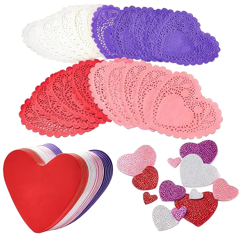 126+ Pcs Valentine's Day Heart Doilies Card Crafts for Kids - Valentine Day Crafts for Classroom Parties - Valentines Craft Supplies Kits with Heart Doilies and Glitter Foam Stickers