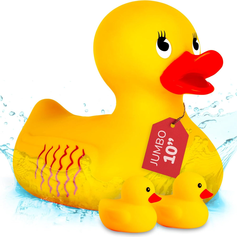 Jumbo Rubber Ducky Bath Toy - 10 Inch Giant Rubber Duck with 2 Mini Duckies - Classic Large Rubber Duck for Fun-Filled Baths - Bath Toys for Kids Ages 3 and Up