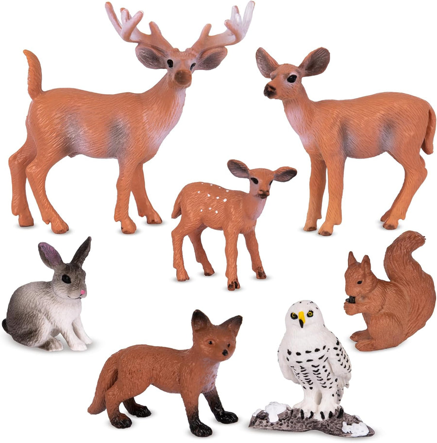 Forest Animal Figures - Set of 7 Woodland Animals - Mini Forest Animal Figurines for Woodland Cupcake Topper Decorations