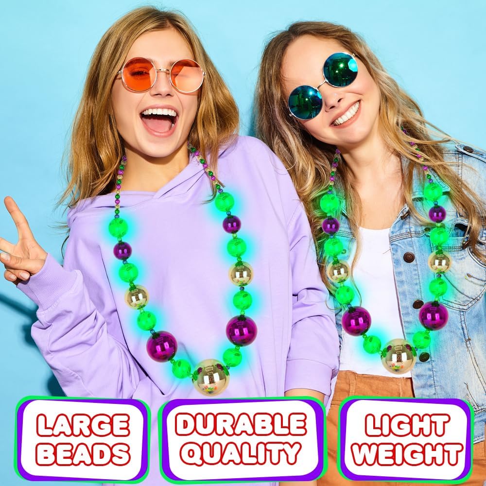 Large Light Up Mardi Gras Necklace - Mardi Gras Beads in Purple, Green, and Gold - 3 Flashing Modes with Batteries Included