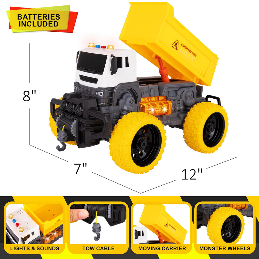 Large Dump Truck Toy for Kids - Big Dump Truck Toy with Giant Yellow Wheels Features Sounds & Lights