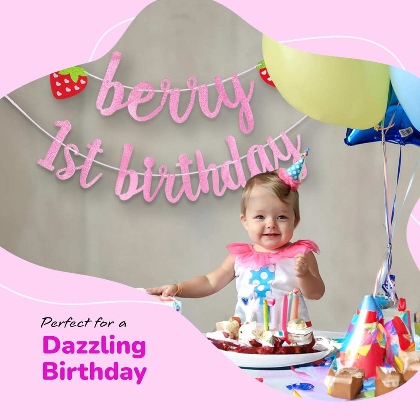 Berry First Birthday Banner - 1st Happy Birthday Banner with 3 Strawberry Cutouts and Letters in Pink Glitter - Cute Photo Backdrop for Boys and Girls - Strawberry Party Decorations
