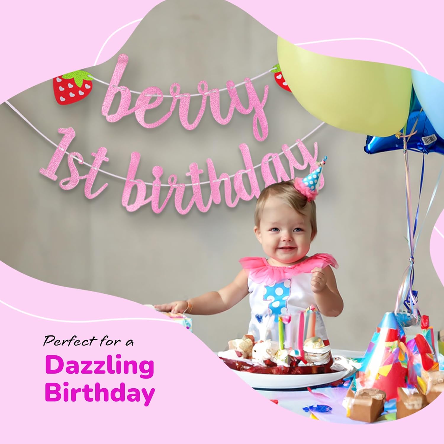 Berry First Birthday Banner - 1st Happy Birthday Banner with 3 Strawberry Cutouts and Letters in Pink Glitter - Cute Photo Backdrop for Boys and Girls - Strawberry Party Decorations