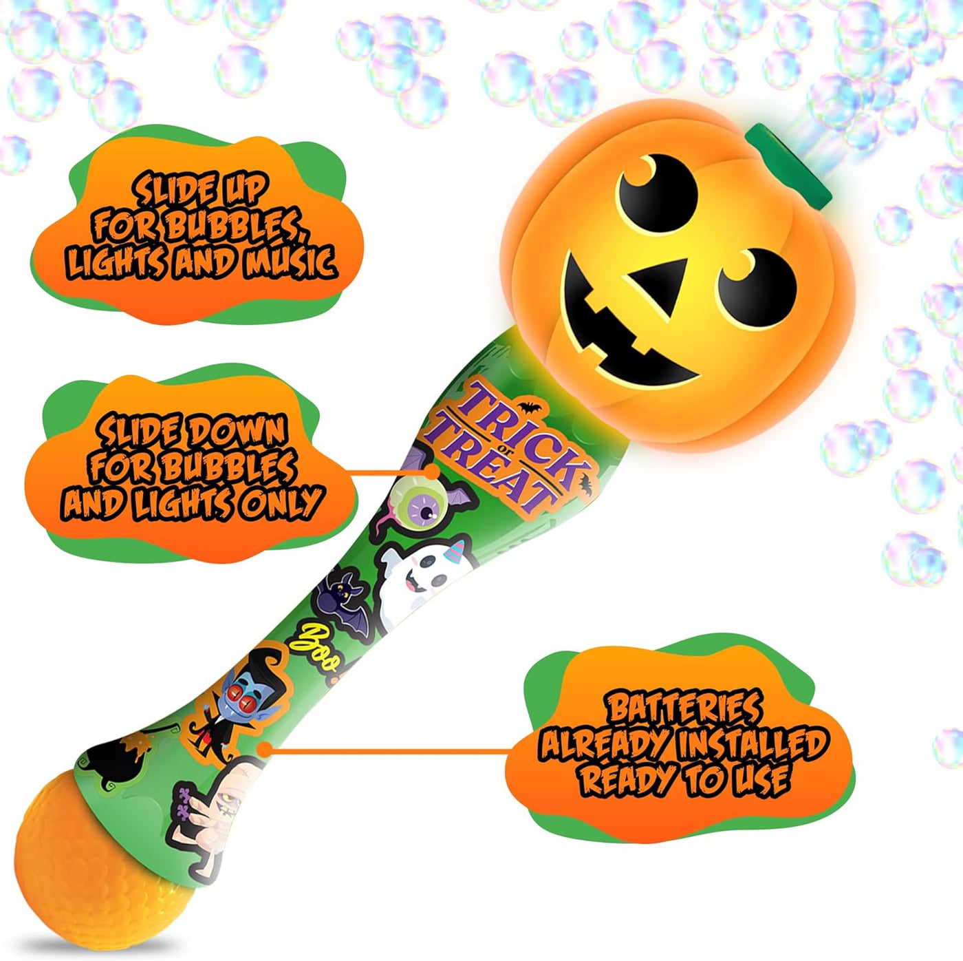 Halloween Bubble Wand for Kids, 14" Light Up Pumpkin Bubble Wand