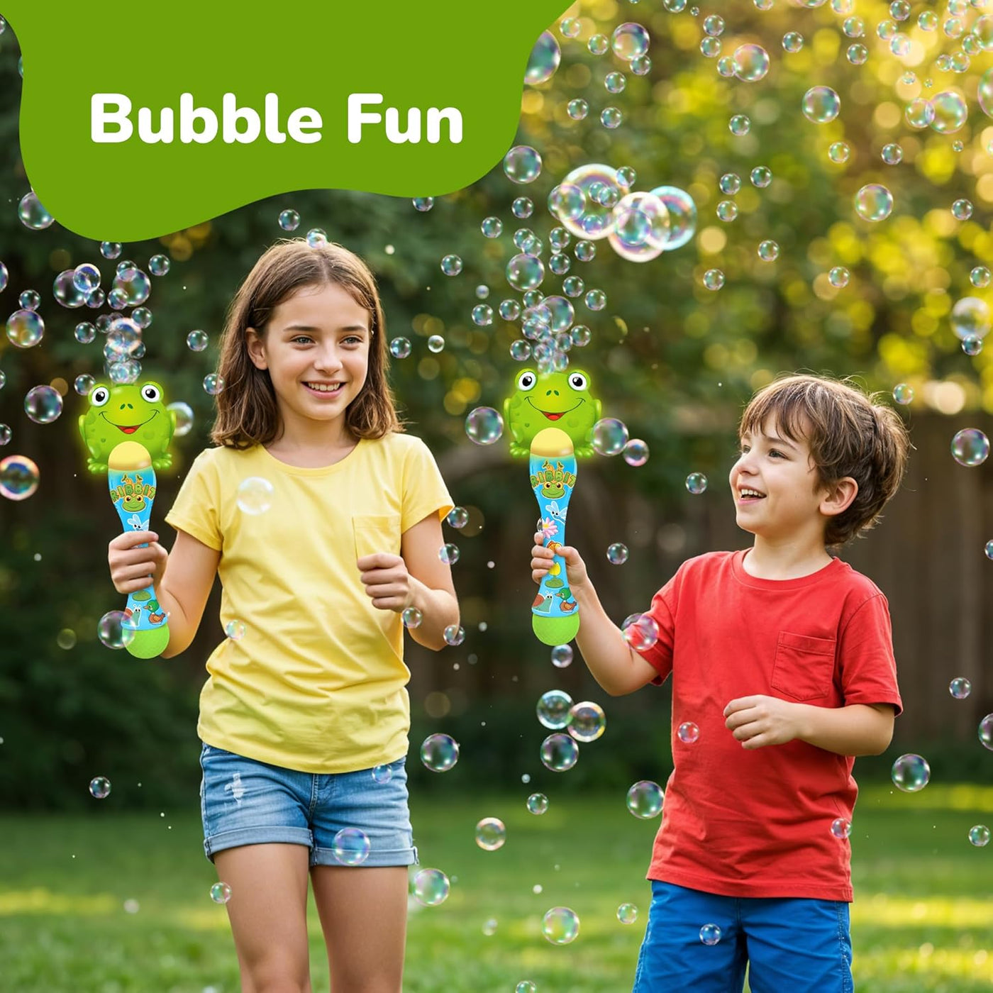Frog Bubble Wand - Handcrafted Frog Toys with Bubbles Refill Solution, Stickers, Music & Lights - Kids Summer Outdoor Activity