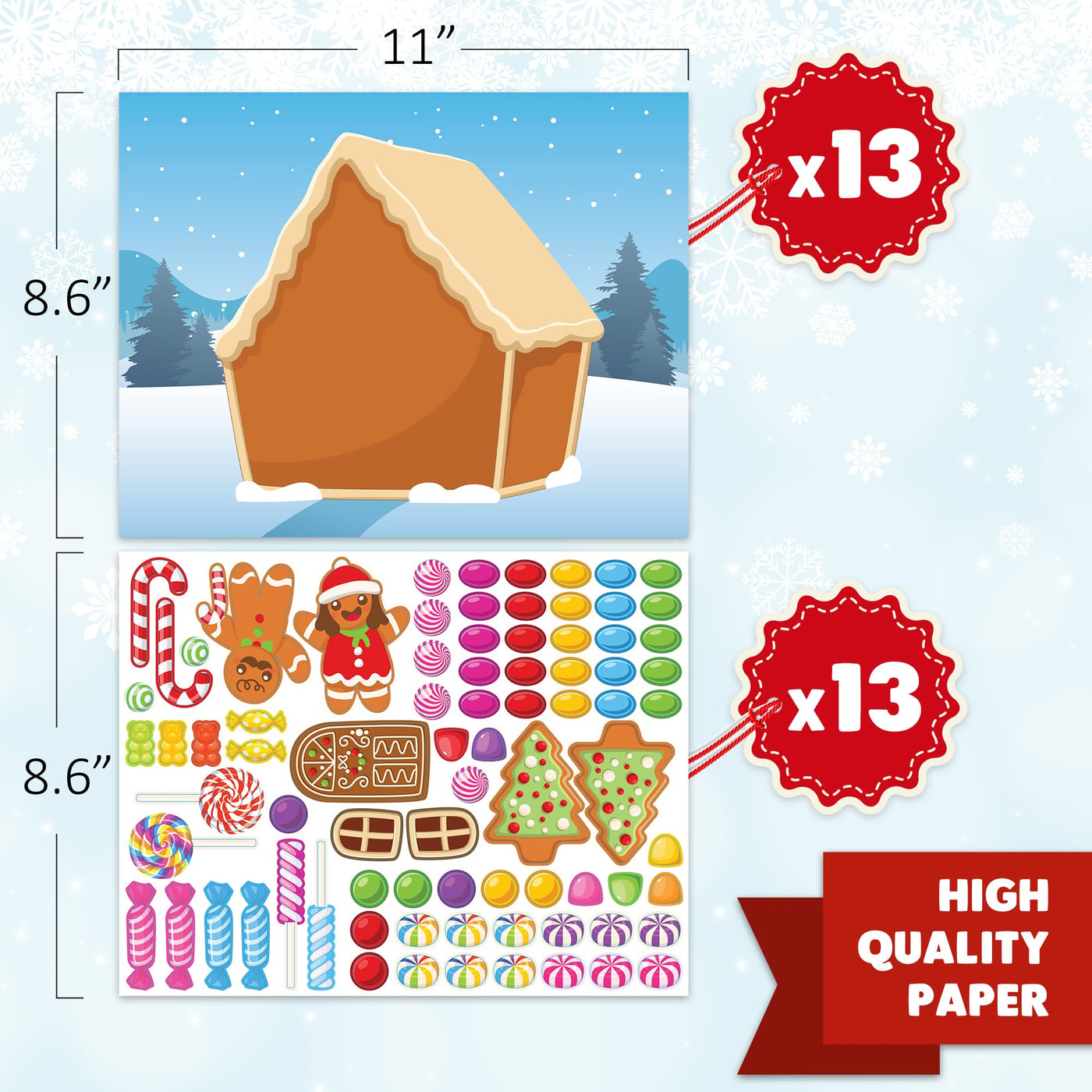 Gingerbread House Sticker Craft for Kids - Gingerbread House Sticker Scene with 13 Background Sheets and 13 Sticker Sheets