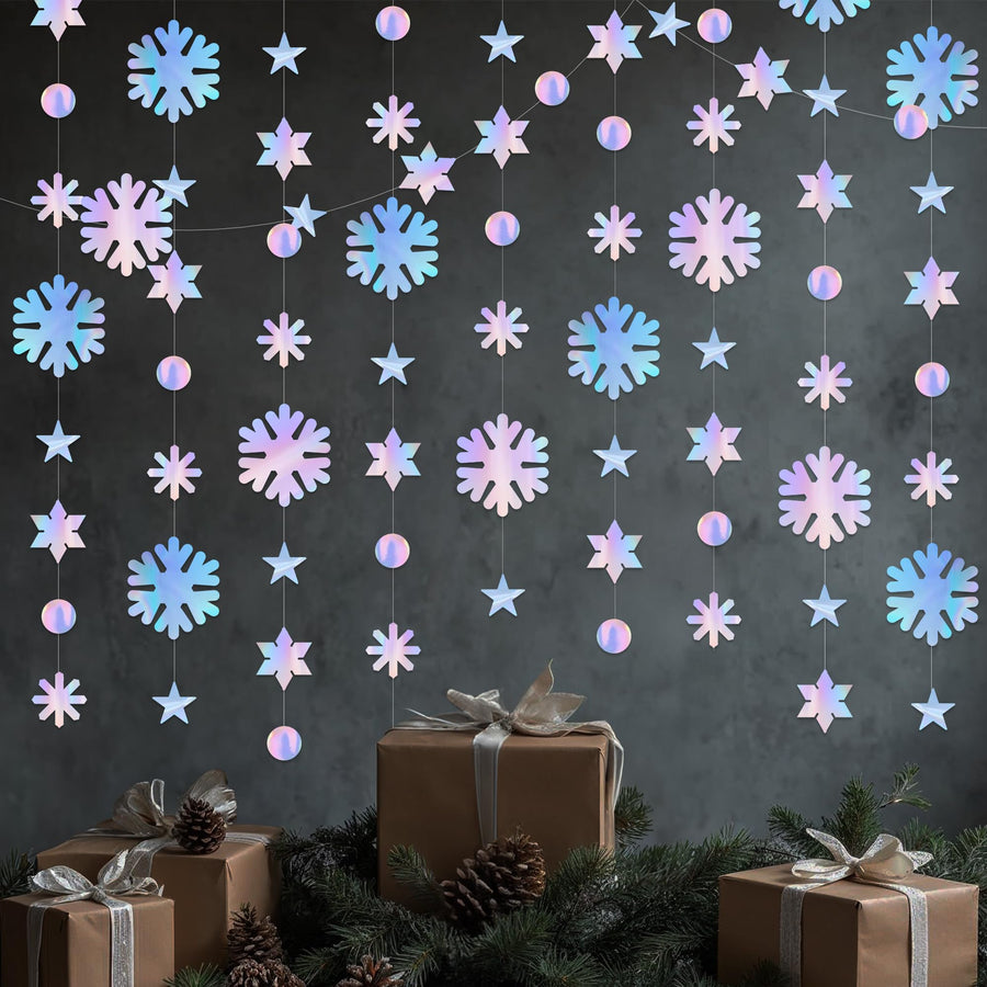 Winter Wonderland Garland - 52 Feet Snow Garland - Hanging Snowflake Winter Decorations with 4 Strings Measuring 13 Feet Each - 5 Unique Snowflake Designs - Winter Onederland Party Decor