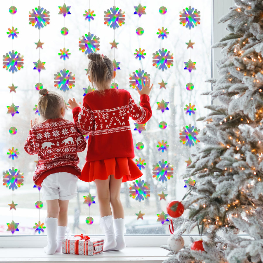 Winter Wonderland Garland - 52 Feet Snow Garland - Hanging Snowflake Winter Decorations with 4 Strings Measuring 13 Feet Each - 5 Unique Snowflake Designs - Winter Onederland Party Decor