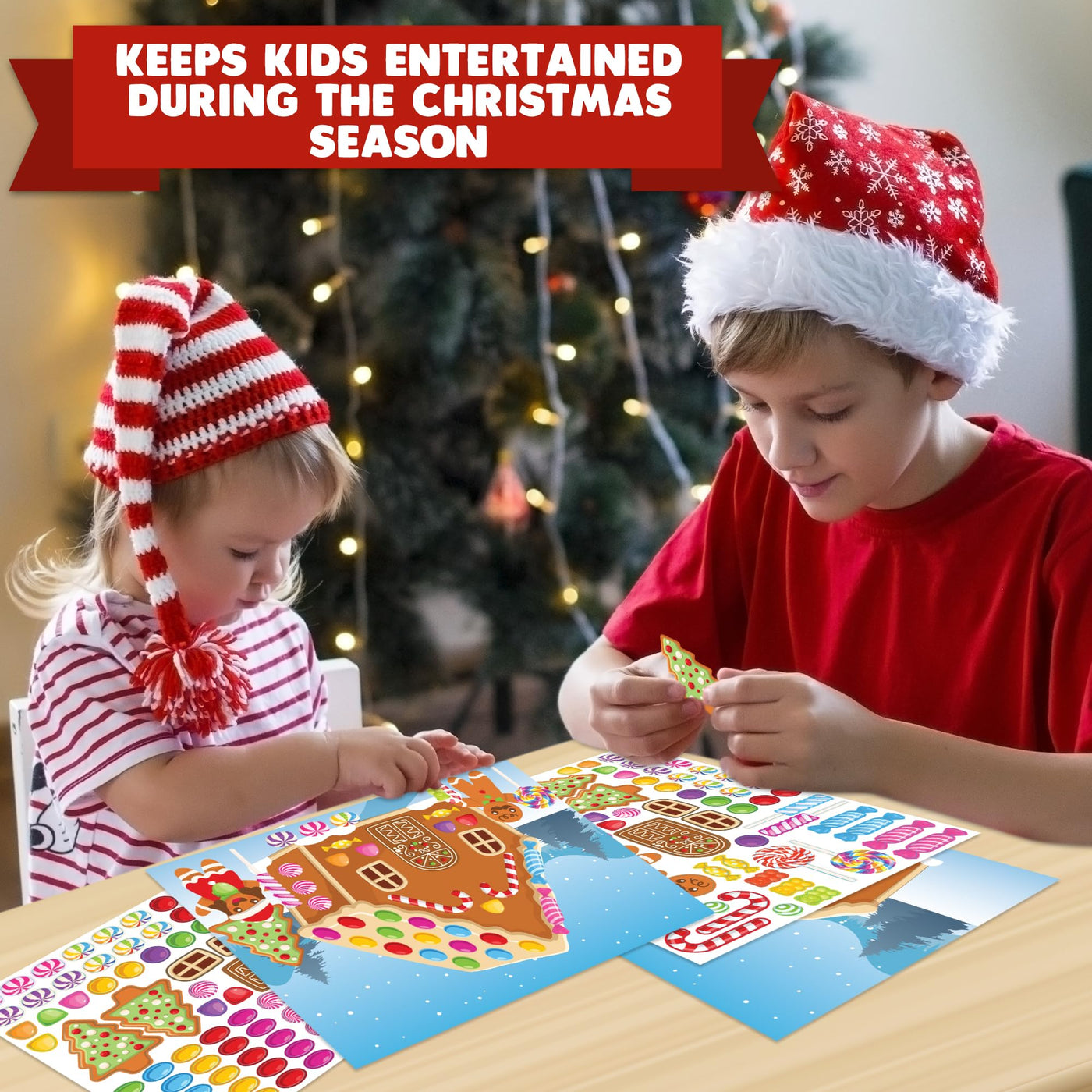 Gingerbread House Sticker Craft for Kids - Gingerbread House Sticker Scene with 13 Background Sheets and 13 Sticker Sheets