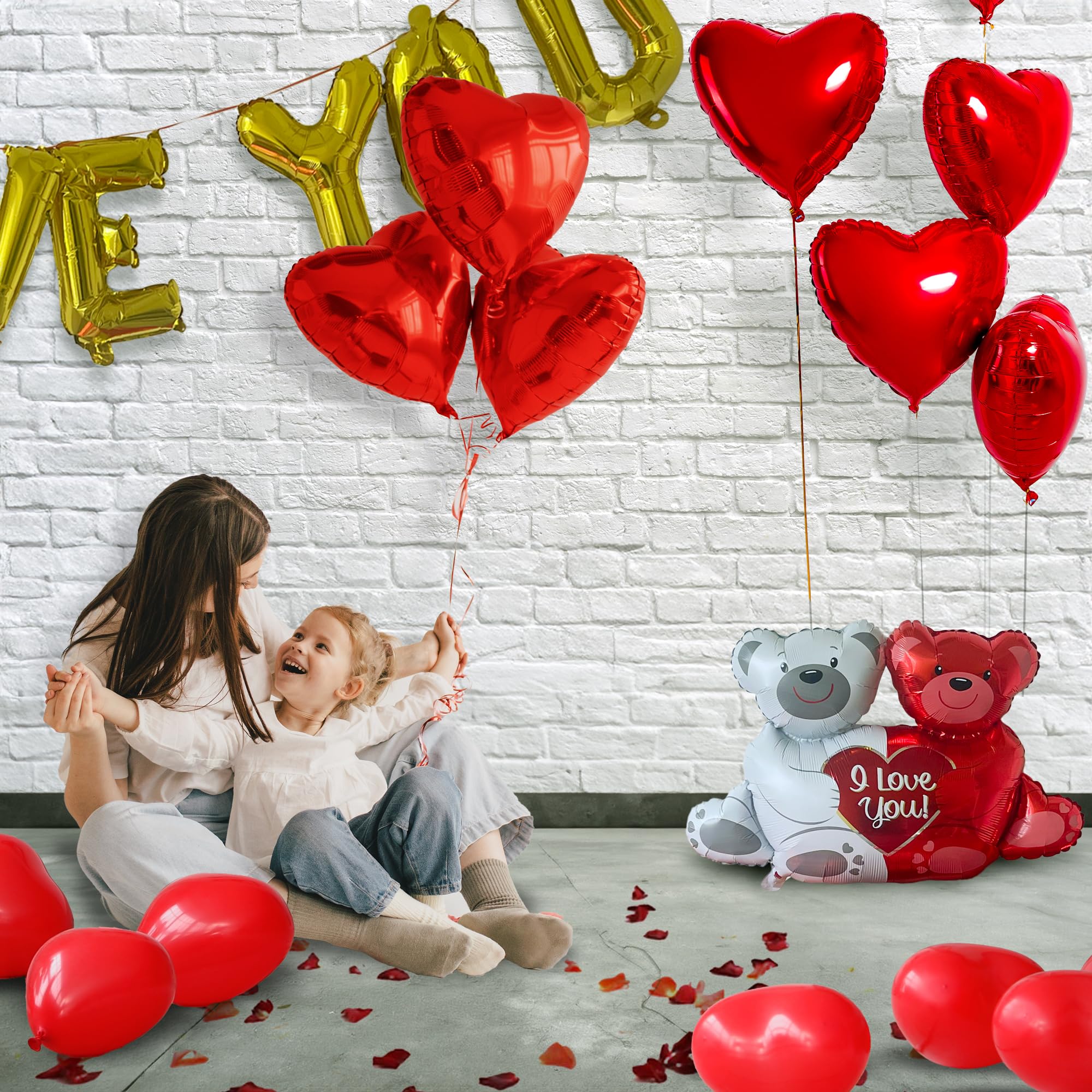 Valentines Day Balloons Decorations - Valentines Day Kit with Balloons in Teddy Bear, I Love You, and Heart Shape Designs - Artificial Rose Petals