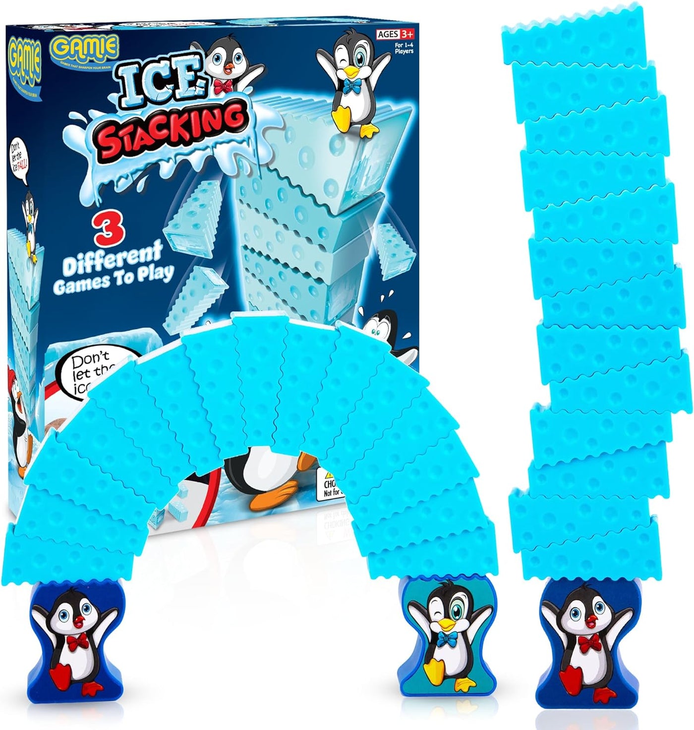 Stacking Penguin Ice Game for Kids - 20 Ice Stacking Toy Pieces, 2 Penguins, and Sticker Sheet - 3 Unique Challenges