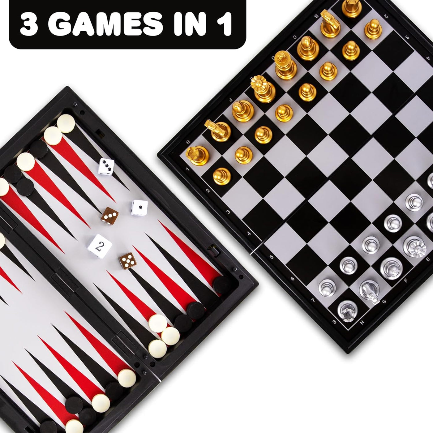 3 in 1 Magnetic Travel Chess Set - Portable Chess, Checkers, Backgammon Set - 9 Inch Magnetic Chess Board for Road Trips